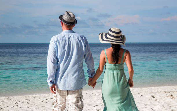 istock Vacation Couple walking on tropical beach Maldives. 949441808