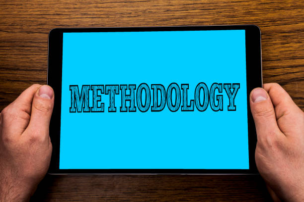 istock Text sign showing Methodology. Conceptual photo System of Methods used in a study or activity Steps to follow written on Tablet Screen holding in Hand on wooden background. 949443198