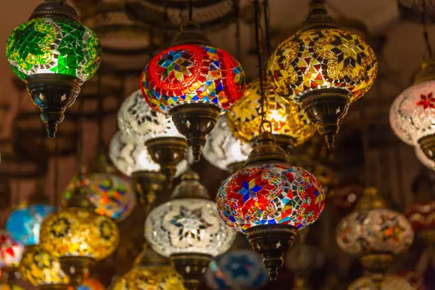 Beautiful Arabian lamps at ancient souk of Nizwa, in Oman