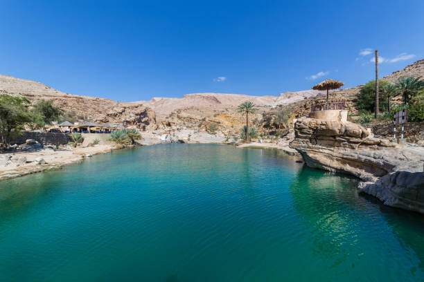 изумрудные бассейны в вади бани халид, оман - wadi bani khalid стоковые фото и изображения