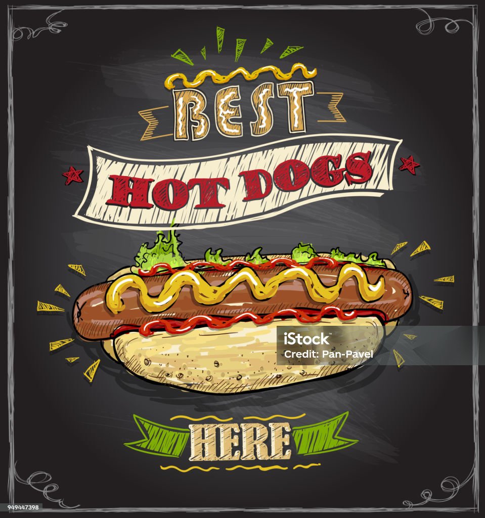 Best hot dogs here chalkboard menu Best hot dogs here chalkboard menu design concept Hot Dog stock vector