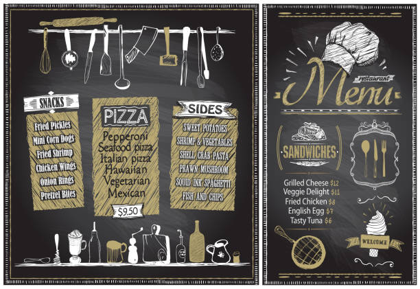 Chalk menu boards with kitchenware, hand drawn graphic Chalk menu boards with kitchenware, hand drawn graphic illustration. Pizza, snacks, sides, sandwiches and ice-cream menu concept chalkboard menu template stock illustrations