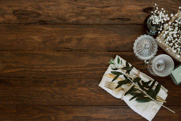 istock Flat lay Wedding table decoration in rustic style on wooden background. Copy space 949451014
