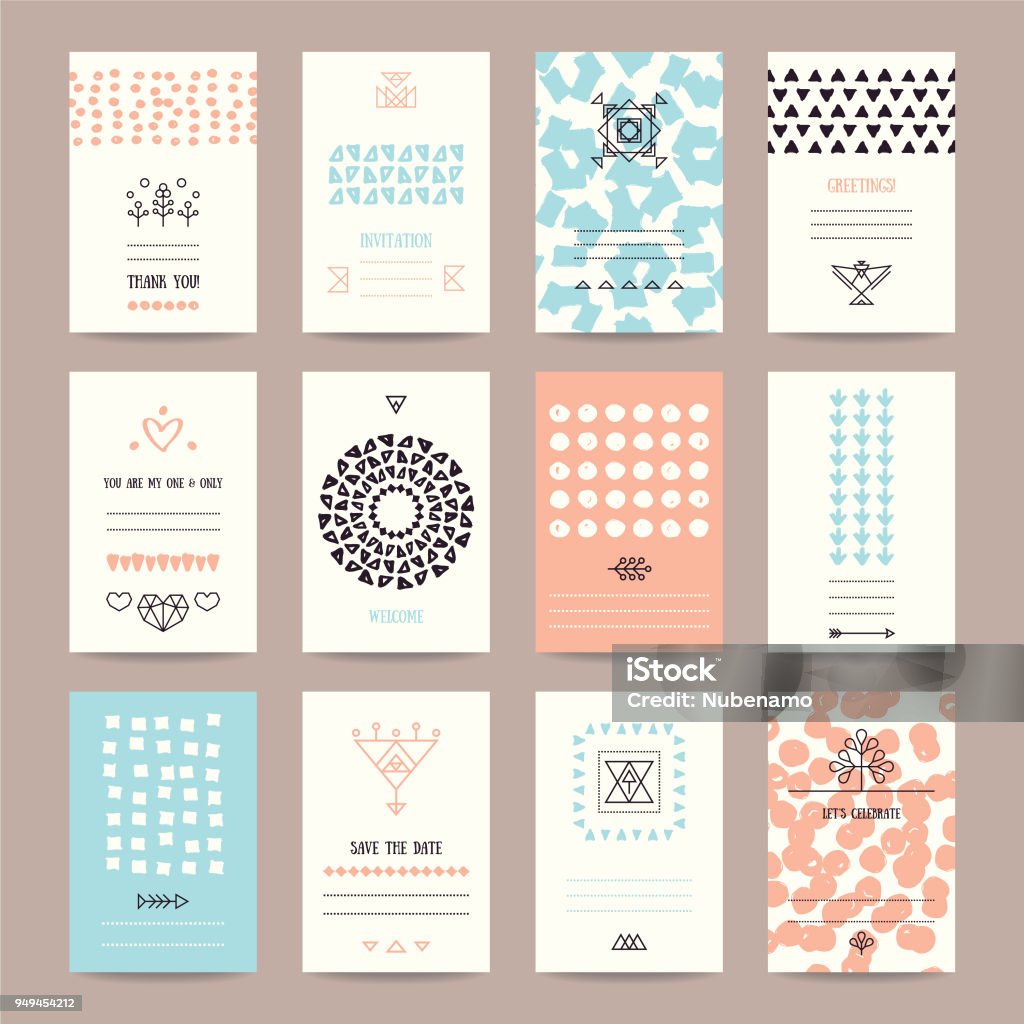 Wedding, Valentine's day, Birthday Party Templates Wedding, Valentine's day, birthday party invitation, greeting cards. Hipster collection of templates with hand drawn textures, brush strokes, trendy thin line icons, geometric signs, tribal symbols. Birthday stock vector
