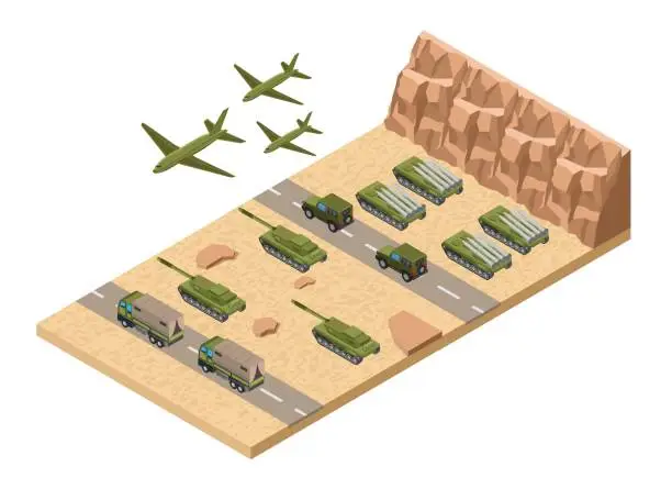 Vector illustration of Isometric Military army low poly of base background