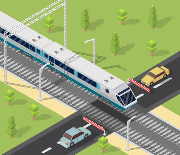 ilustrações, clipart, desenhos animados e ícones de carros e poli baixa isométrica trem ferrovia vector fundo ilustração - railroad junction