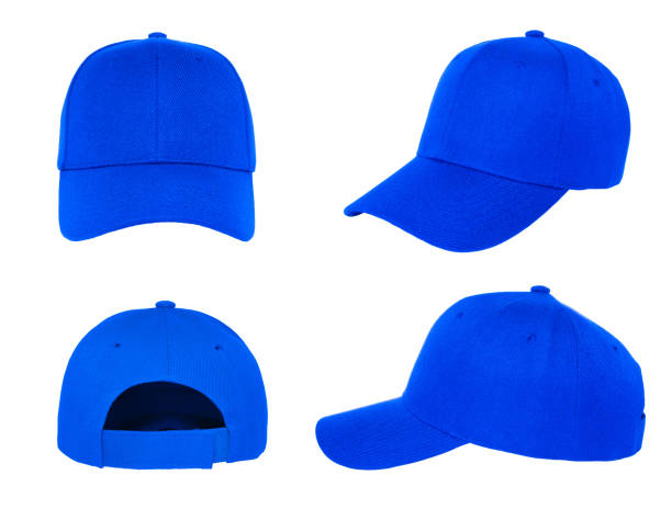 blank blue baseball cap 4 view blank blue baseball cap 4 view on white background sideways baseball hat stock pictures, royalty-free photos & images