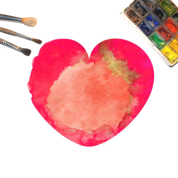 Red heart watercolor. brushes with paint on a white background. Paper abstract texture. mock-up.