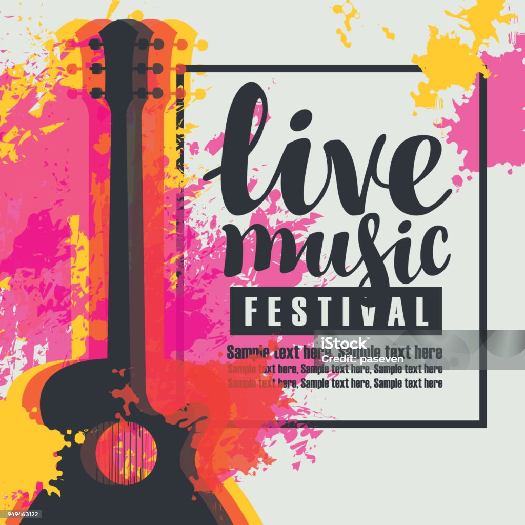 poster for a live music festival with a guitar Vector poster for a live music festival or concert with multicolor acoustic guitar on abstract colored background, lettering live music and place for text Guitar stock vector