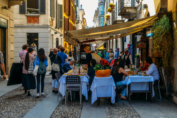 Tourists strolling in historic and bohemian Brera stock photo
