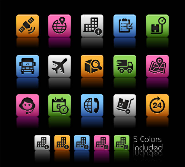 ilustraciones, imágenes clip art, dibujos animados e iconos de stock de envío y seguimiento de conjunto de iconos - caja de color - black background cardboard box computer icon symbol