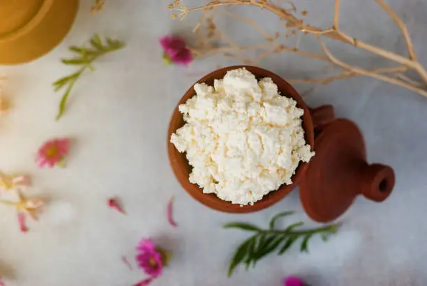 Organic Farming Cottage cheese in a crock