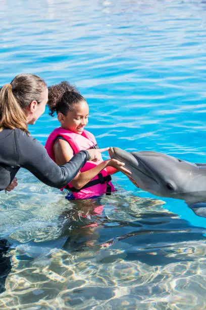 Photo of African-American girl petting dolphin, with trainer