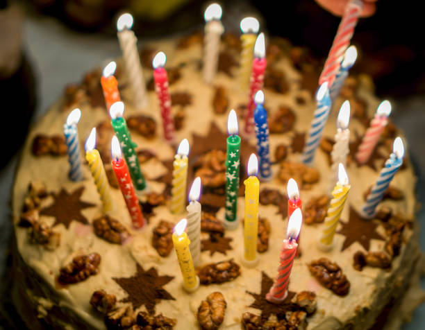 istock Birthday cake with burning candles in the dark background 949475266