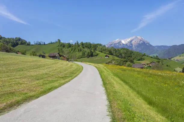 Springtime view from the foot of Mt. Stanserhorn in the Swiss canton of Nidwalden close to the town of Stans, summit of Mt. Pilatus in the background.