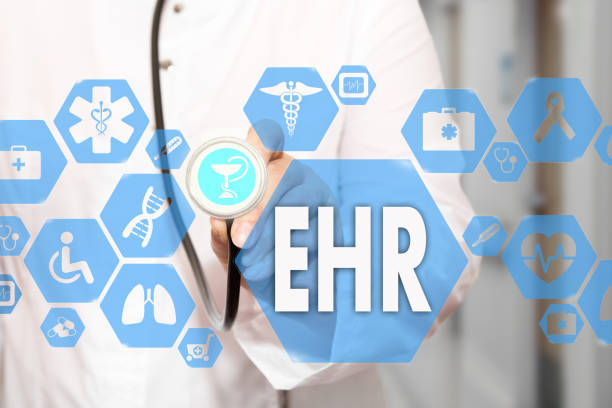 Electronic health record. EHR on the touch screen with medicine icons on the background blur Doctor in hospital.Innovation treatment, service, data analysis health. Medical Healthcare Concept Electronic health record, EHR registro de salud electrónico. ehr en la pantalla táctil con iconos de medicina en el fondo blur médico en el hospital. tratamiento de la innovación, servicio, salud de análisis de datos. registro médico de salud concepto de salud electrónica, her