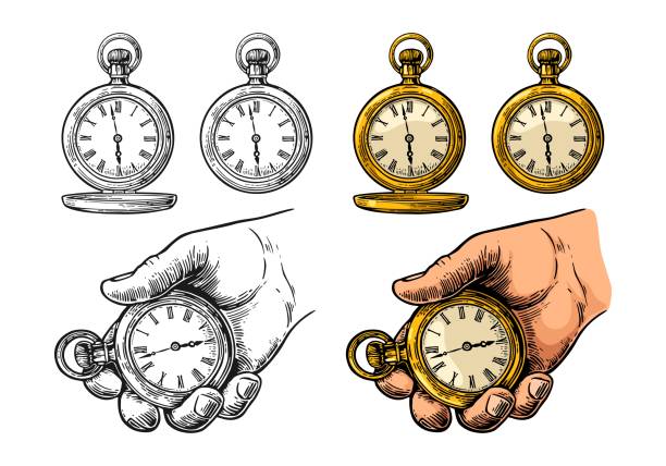 antike taschenuhr. vector vintage farbe gravur isoliert auf weiss - minutehand stock-grafiken, -clipart, -cartoons und -symbole