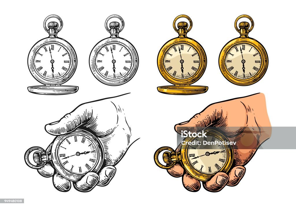 Antique pocket watch. Vector vintage color engraving isolated on white Male hand holding antique metal pocket watch. Vector vintage color engraving illustration. Isolated on white background. Hand drawn design element for label and poster Clock stock vector