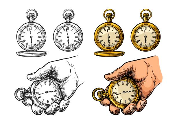 Antique pocket watch. Vector vintage color engraving isolated on white Male hand holding antique metal pocket watch. Vector vintage color engraving illustration. Isolated on white background. Hand drawn design element for label and poster time drawings stock illustrations