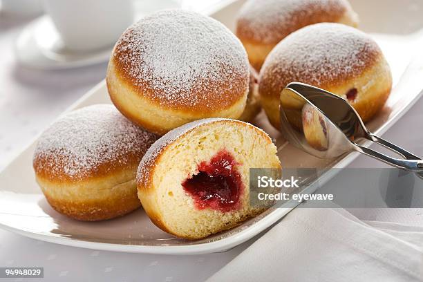 Bismarck Doughnuts On A Plate Stock Photo - Download Image Now - Doughnut, Marmalade, Baked