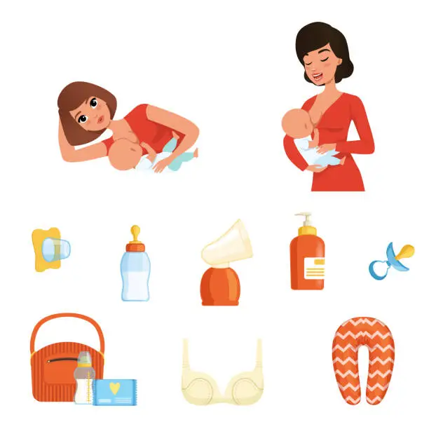 Vector illustration of Two young moms and items related to breastfeeding theme. Women feeding their newborn babies. Mother and child. Flat vector icons