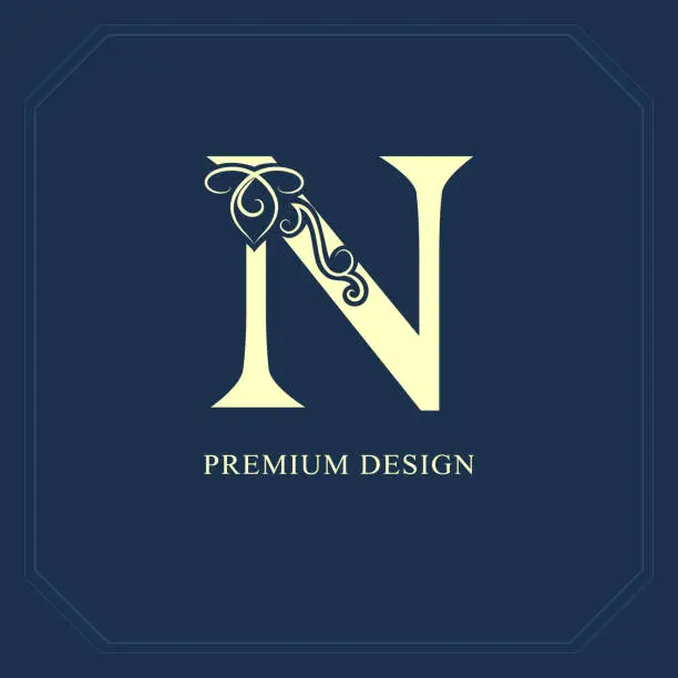 Vector illustration of Elegant Capital letter N. Graceful style. Calligraphic beautiful sign. Vintage drawn emblem for book design, brand name, business card, Restaurant, Boutique, Hotel. Vector illustration