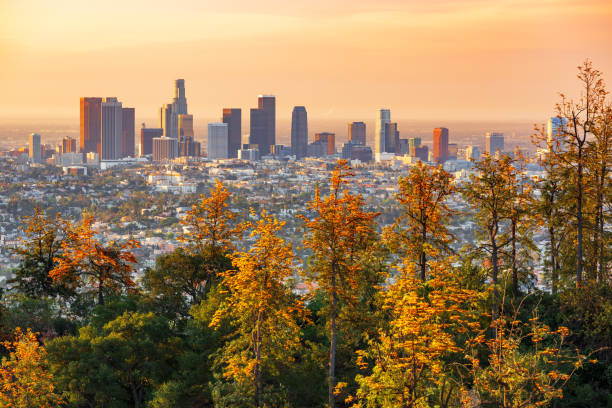 Los Angeles skyline at sunrise stock photo