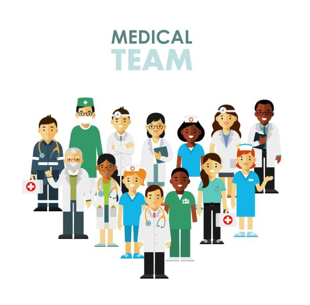 illustrazioni stock, clip art, cartoni animati e icone di tendenza di concetto di team di medicina con medici e infermieri in stile piatto isolati sullo sfondo dell'ospedale - doctor healthcare and medicine nurse team