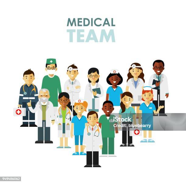 Medicine Team Concept With Doctors And Nurses In Flat Style Isolated On Hospital Background Stock Illustration - Download Image Now