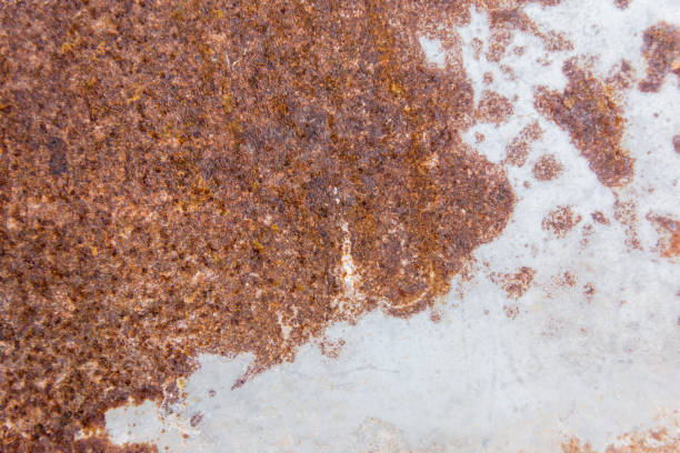 istock Brown rust stains texture of the old white paint on rusty metal wall. Rusty metal background. 949488872