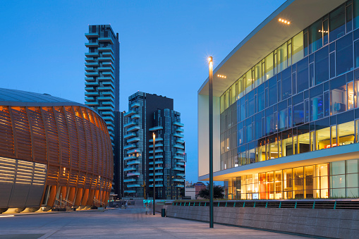 Modern office and residential buildings in the Porta Garibaldi district of Milan.