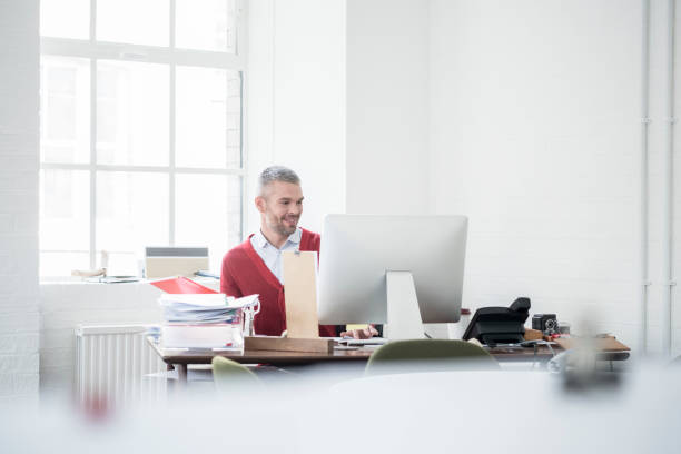 Cheerful businessman with grey hair and beard sitting at desk using computer
