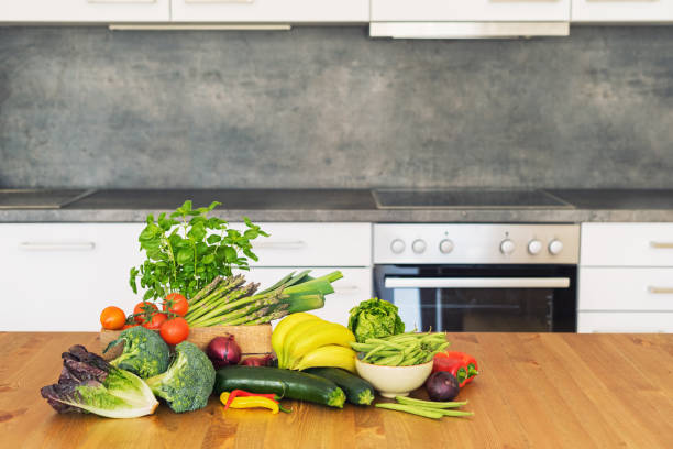 Fresh organic vegetables at the kitchen counter