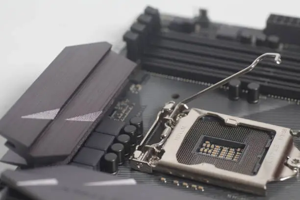 Photo of Intel LGA 1151 cpu socket on motherboard Computer PC close up