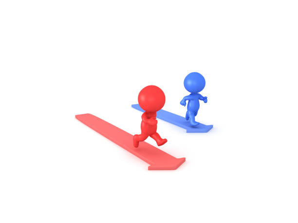 istock 3D illustration of red and blue characters running on arrows 949510362