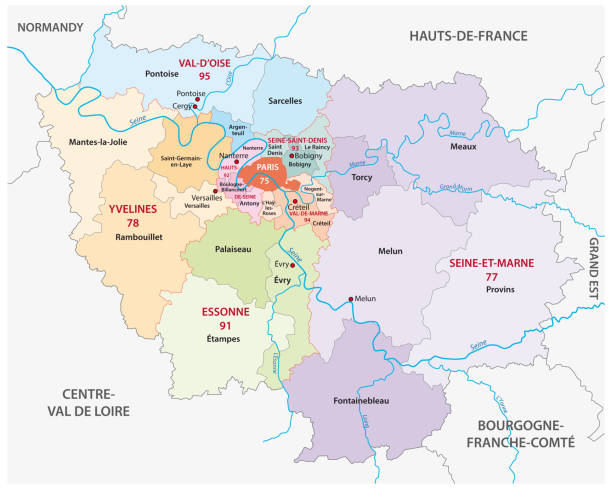 new ile de france administrative and political map, france new ile de france administrative and political vector map, france essonne stock illustrations
