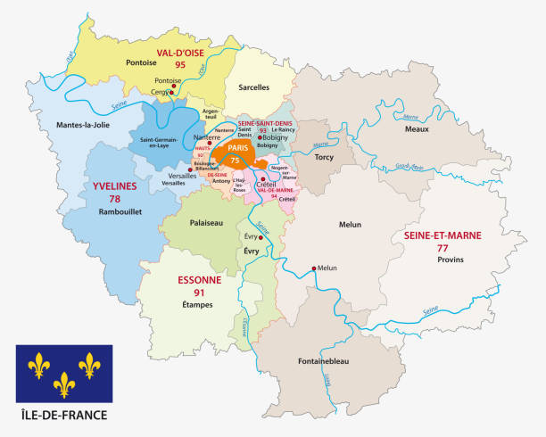 ile de france administrative and political map with flag, france ile de france administrative and political vector map with flag, france essonne stock illustrations