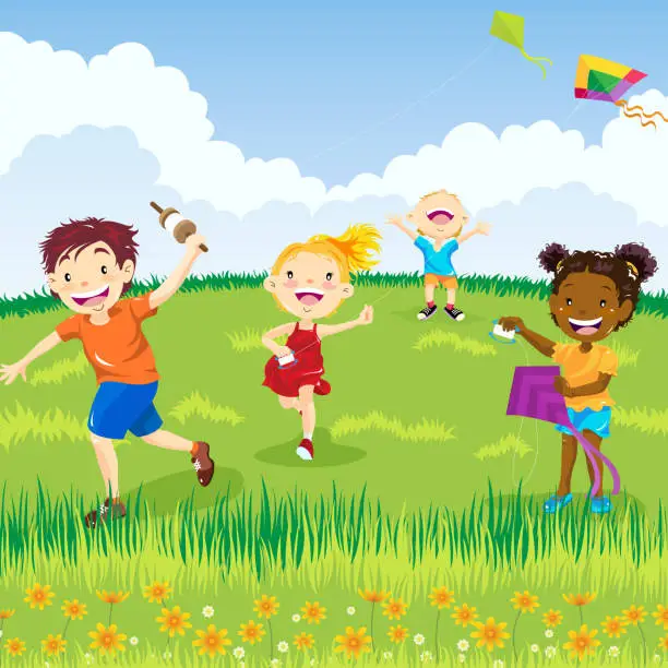 Vector illustration of Kids Flying Kites