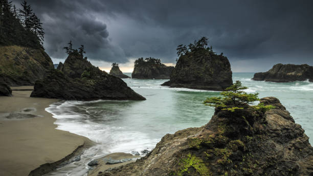 Sunset and thunderstorms at Secret Beach in Oregon's Samuel H. Boardman State Scenic Corridor