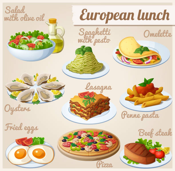 Set of food icons. European lunch Fresh salad with olive oil, spaghetti with pesto, omelette with vegetables, oysters, lasagna, penne pasta with tomato sauce, fried eggs, pizza, beef steak meal illustrations stock illustrations