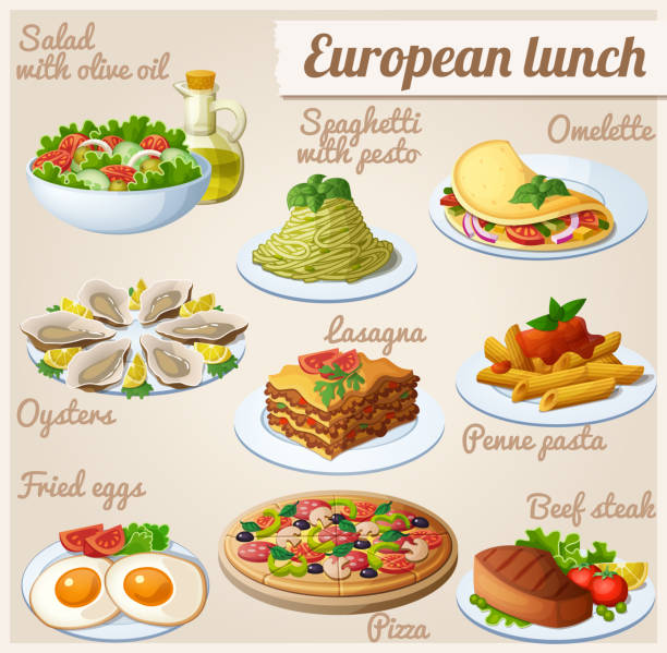 Set of food icons. European lunch Fresh salad with olive oil, spaghetti with pesto, omelette with vegetables, oysters, lasagna, penne pasta with tomato sauce, fried eggs, pizza, beef steak omelette on the plate stock illustrations