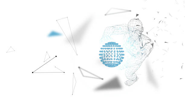 illustrazioni stock, clip art, cartoni animati e icone di tendenza di l'uomo astratto concettuale detiene un globo mondiale. linee connesse, punti, triangoli, particelle. concetto di intelligenza artificiale. vettore ad alta tecnologia, sfondo digitale. illustrazione vettoriale di rendering 3d - 19644