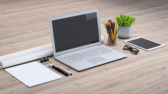 Isometric mock up with large open laptop with blank screen, digital camera, paper, plant, markers and a plant. Diagonal frame setup. Modern designer background template.