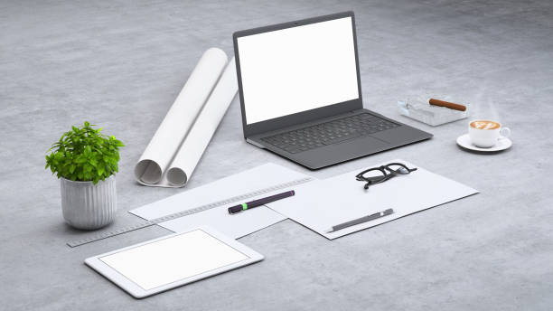 istock Laptop on a desk with accessories, blank screen mock-up isometric 949543742