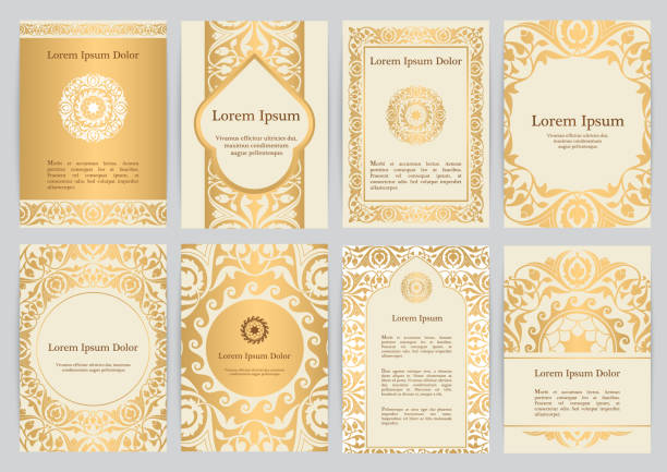 Vector templates for A4 with florals in beige, gold colors vector art illustration