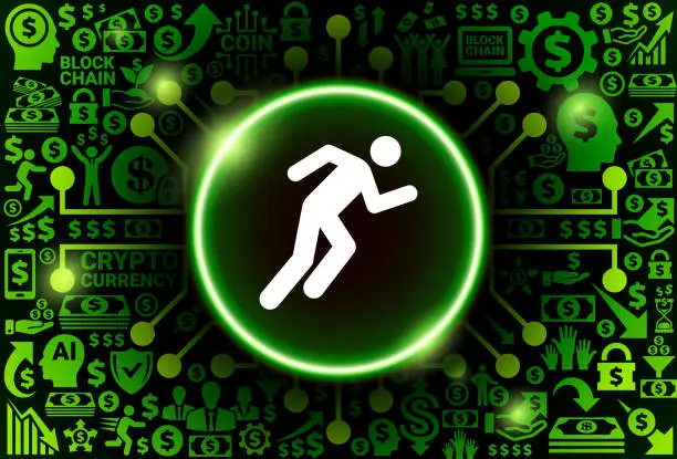 Vector illustration of Man Running Icon on Money and Cryptocurrency Background