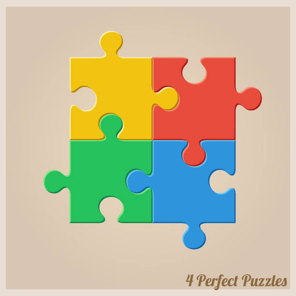 illustrations, cliparts, dessins animés et icônes de quatre pièces du puzzle coloré. - portion blue jigsaw puzzle puzzle
