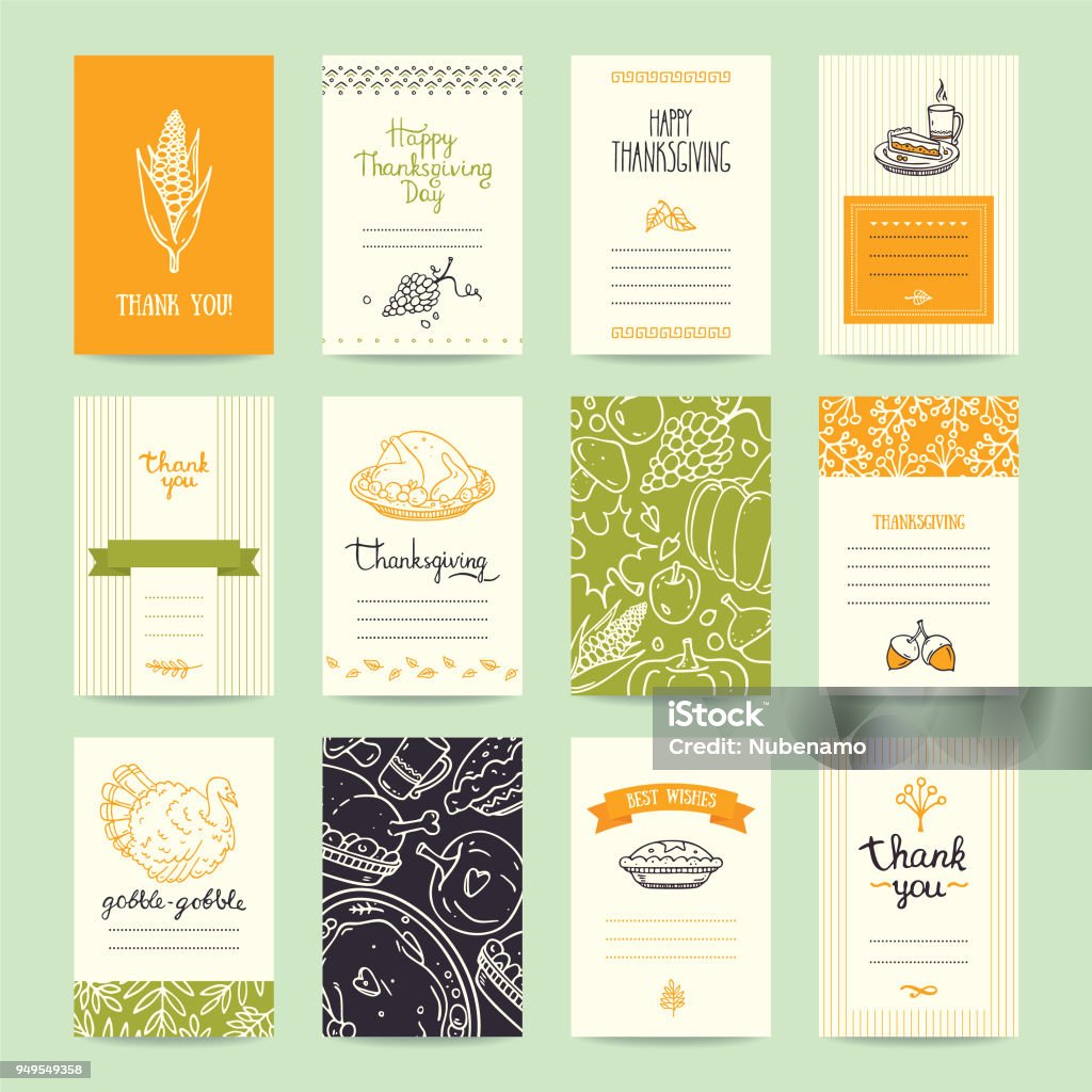 Thanksgiving Congratulation Cards, Flyers, Posters Thanksgiving party invitation and greeting card, flyer, banner, poster templates. Hand drawn traditional symbols, cute design elements, handwritten ink lettering. Orange and green vector collection. Thanksgiving - Holiday stock vector