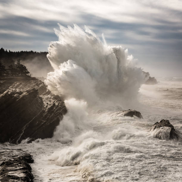 olas explotan de la cape arago, costa de oregón - sunset bay oregón fotografías e imágenes de stock