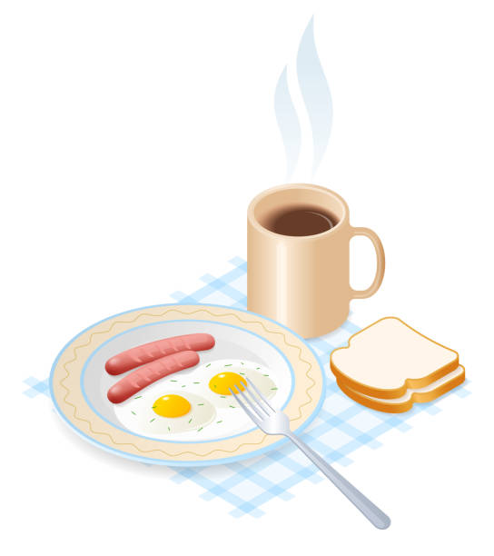 flache isometrische darstellung der platte mit eiern und würstchen aus schweinefleisch. - fork plate isolated scrambled eggs stock-grafiken, -clipart, -cartoons und -symbole